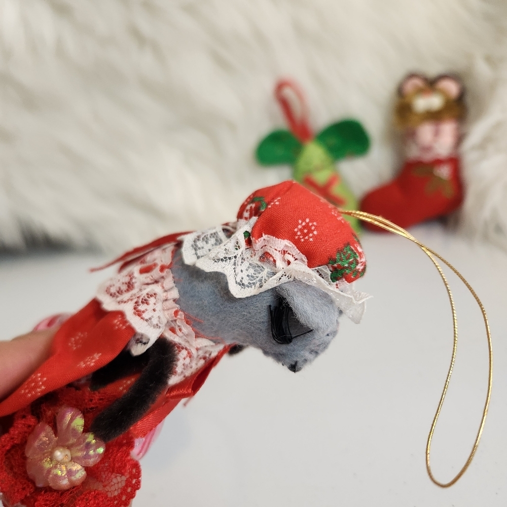 Vintage Fabric Christmas Tree Ornament Lot Mouse Cat Mice Kitsch 1980s Farmhouse - Picture 5 of 9
